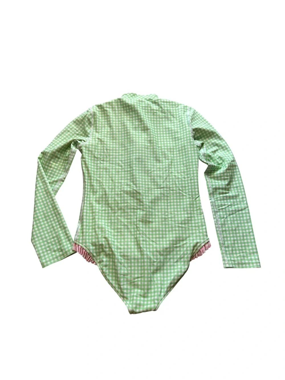 Polo Ralph Lauren Girls Ruffled Gingham Rash-guard Swimsuit 12-14 LRG GREEN/PINK
